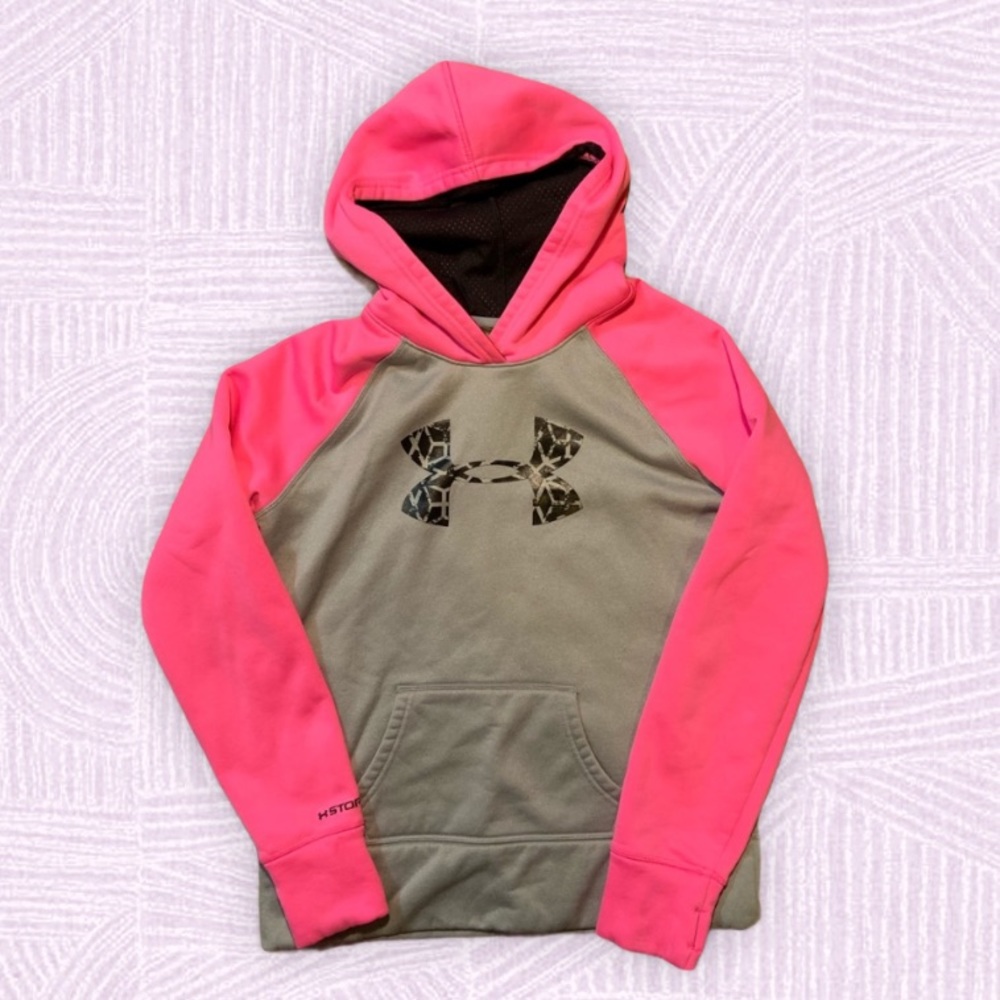 YXL PINK & GRAY UNDERARMOUR STORM HOODIE